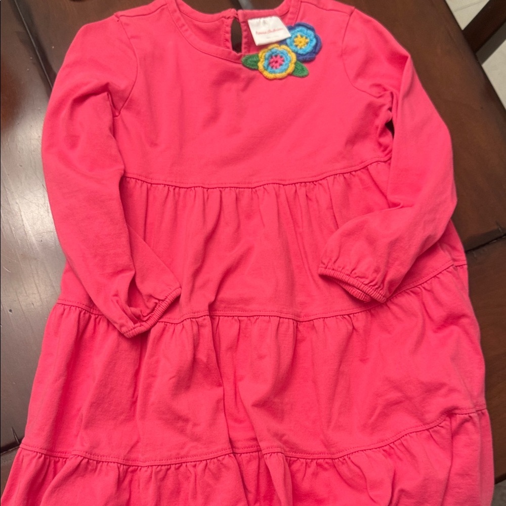 Hanna Andersson Bright Pink Long-Sleeve Tiered Dress with Crochet Flower
